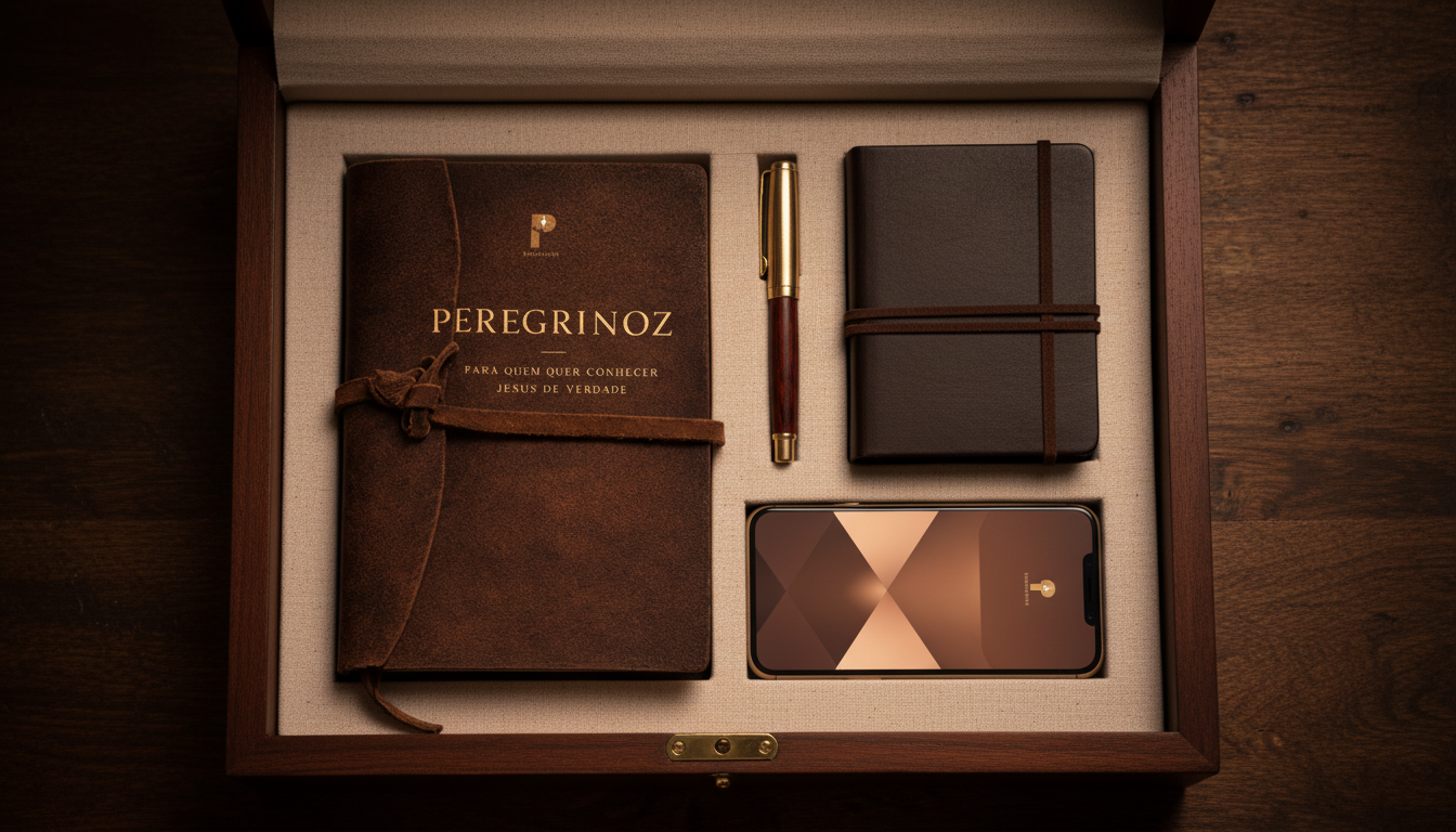 Kit Peregrinoz: caixa com livro, caderno, caneta e app